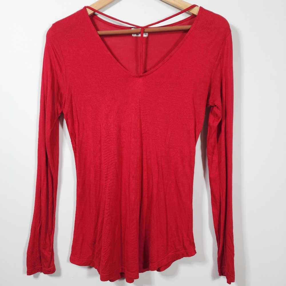 Women's Red Scoop Neck Glitz Long Sleeve Top. Fits like a small.